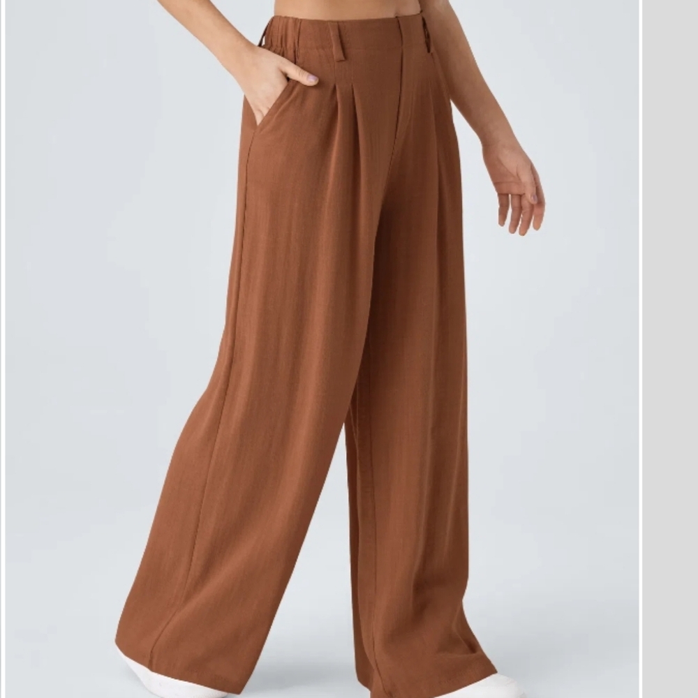 High Waisted Plicated Side Pocket Wide Leg Flowy Solid Palazzo Casual Linen